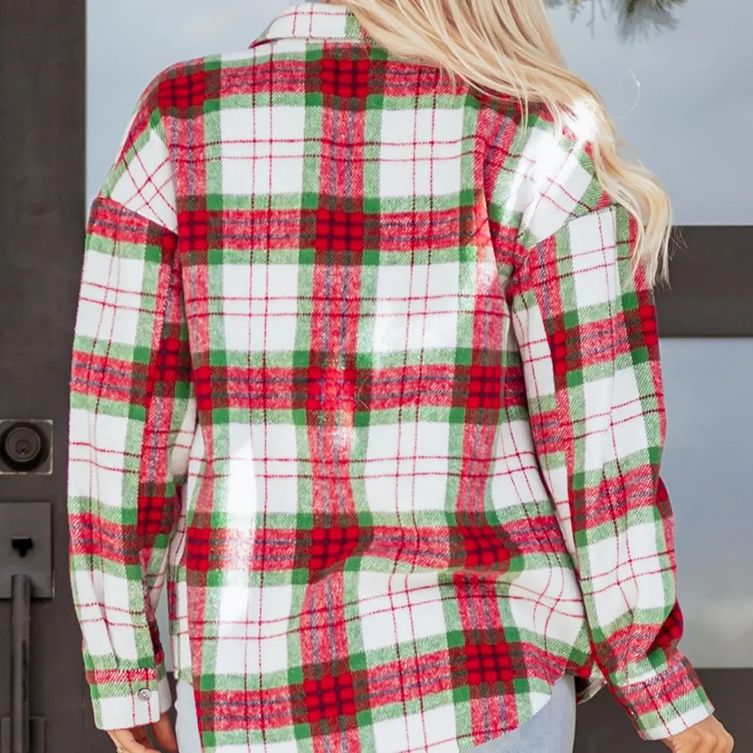 Women's Long Sleeve Christmas Plaid Flannel Shacket with Pockets