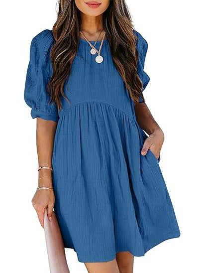 Women's Round Neck Puff Sleeve Baby Doll Dress