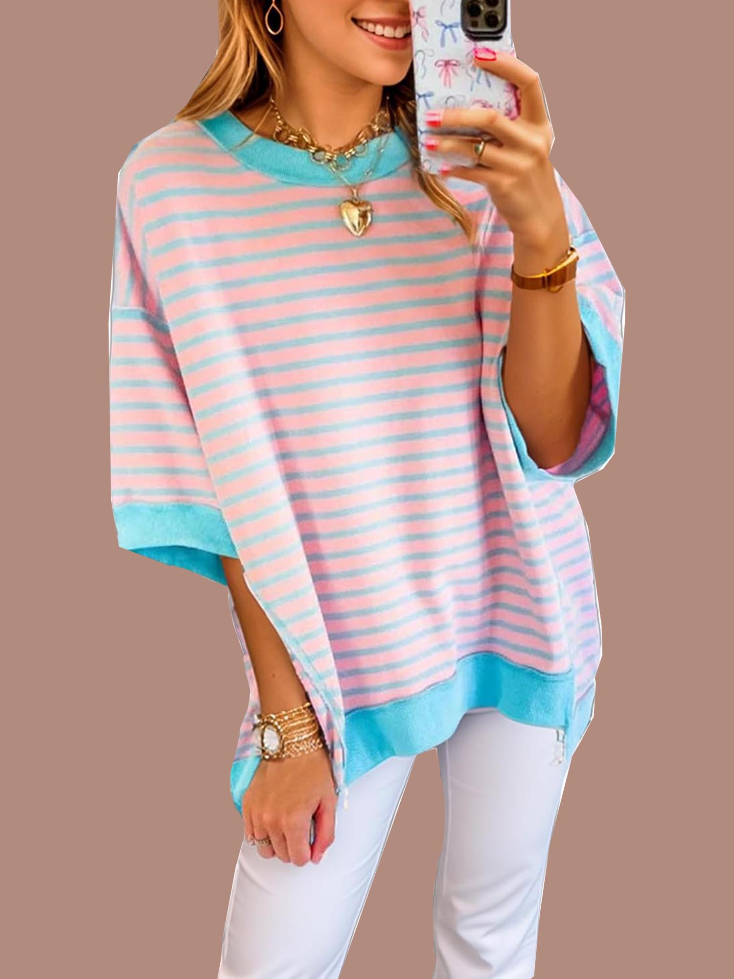 Women's Oversized Striped Color Block Half Sleeve Tops