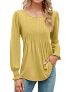 Women's Pleated Puff Long Sleeve Tunic Tops