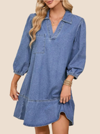 Women's V-Neck Puff Sleeve Denim Layered Dress