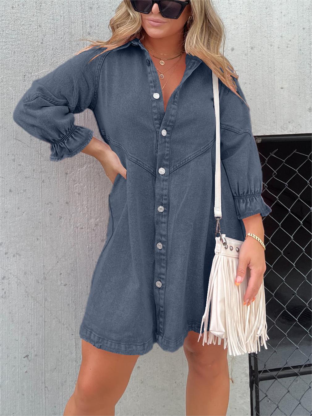 Button Denim Bubble Sleeve Dress