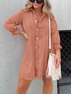 Button Denim Bubble Sleeve Dress