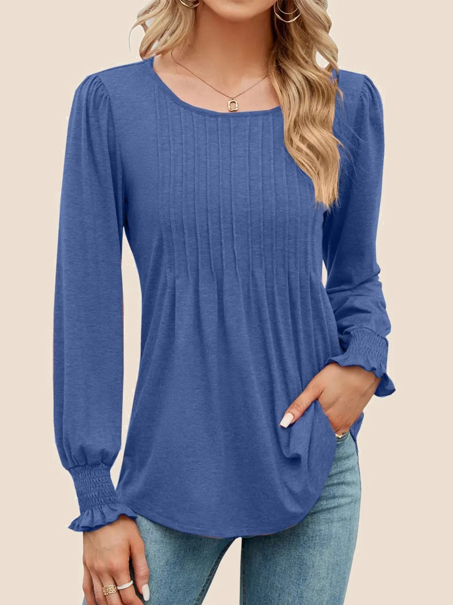 Women's Pleated Puff Long Sleeve Tunic Tops