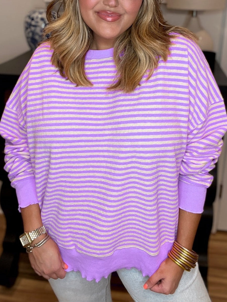 Women's Casual Lettuce Edge Striped Pullover
