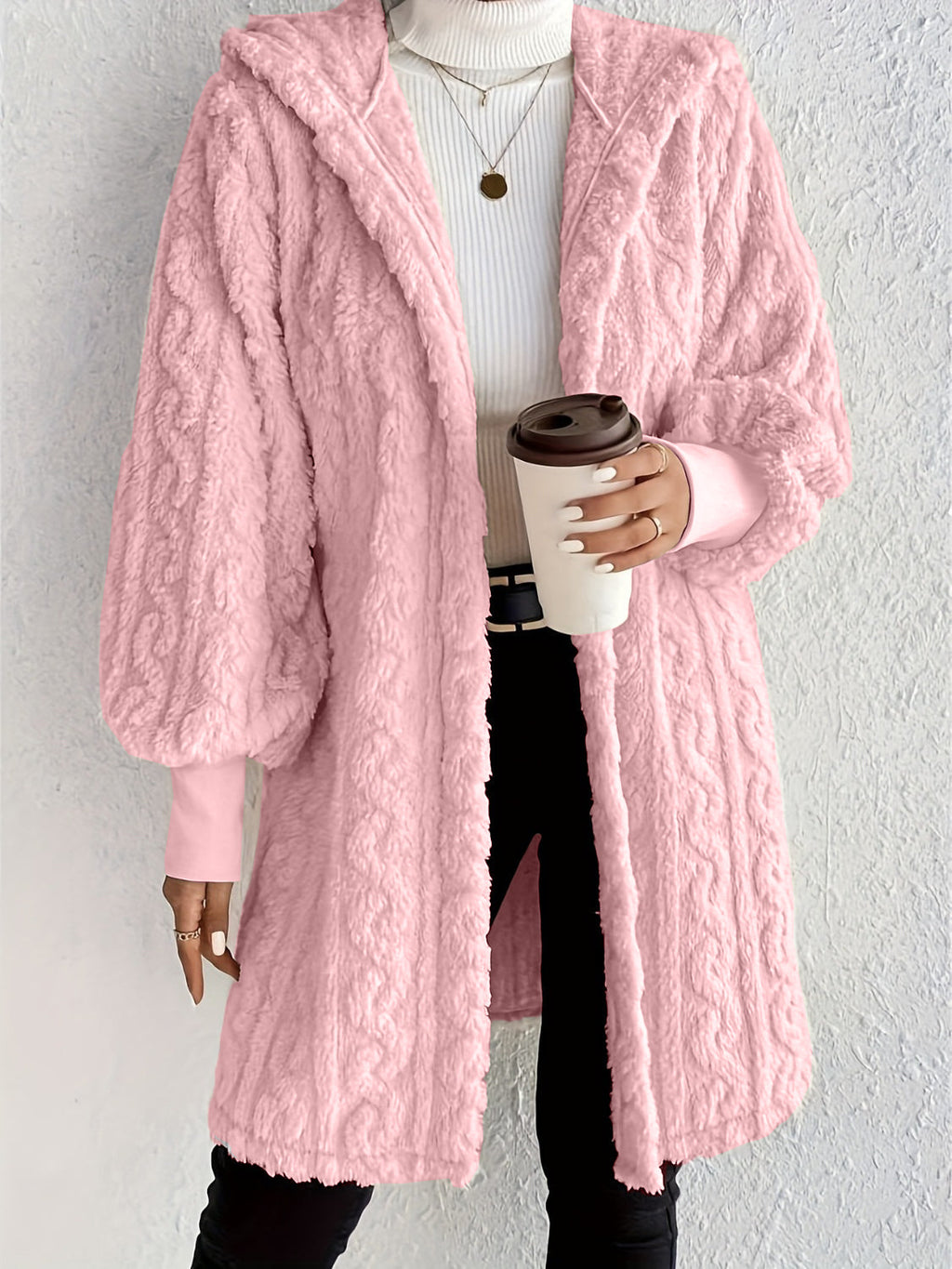 Women's Plush Fleece Soft Midi-Length Jacket with Pockets