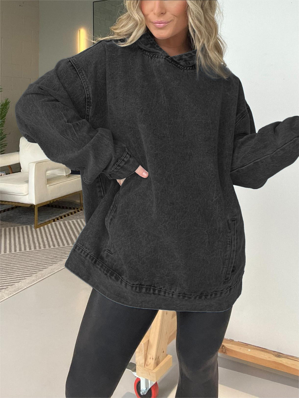 Denim Hooded Sweatshirt with Front Pockets