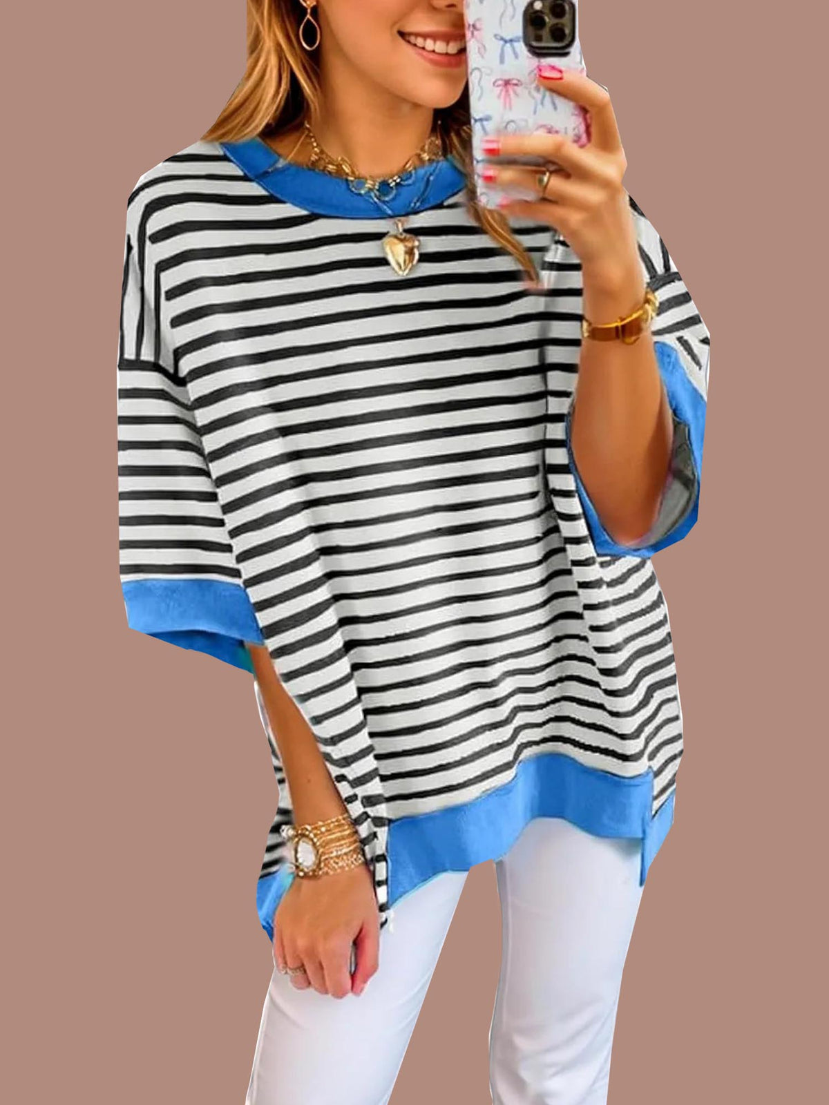 Women's Oversized Striped Color Block Half Sleeve Tops