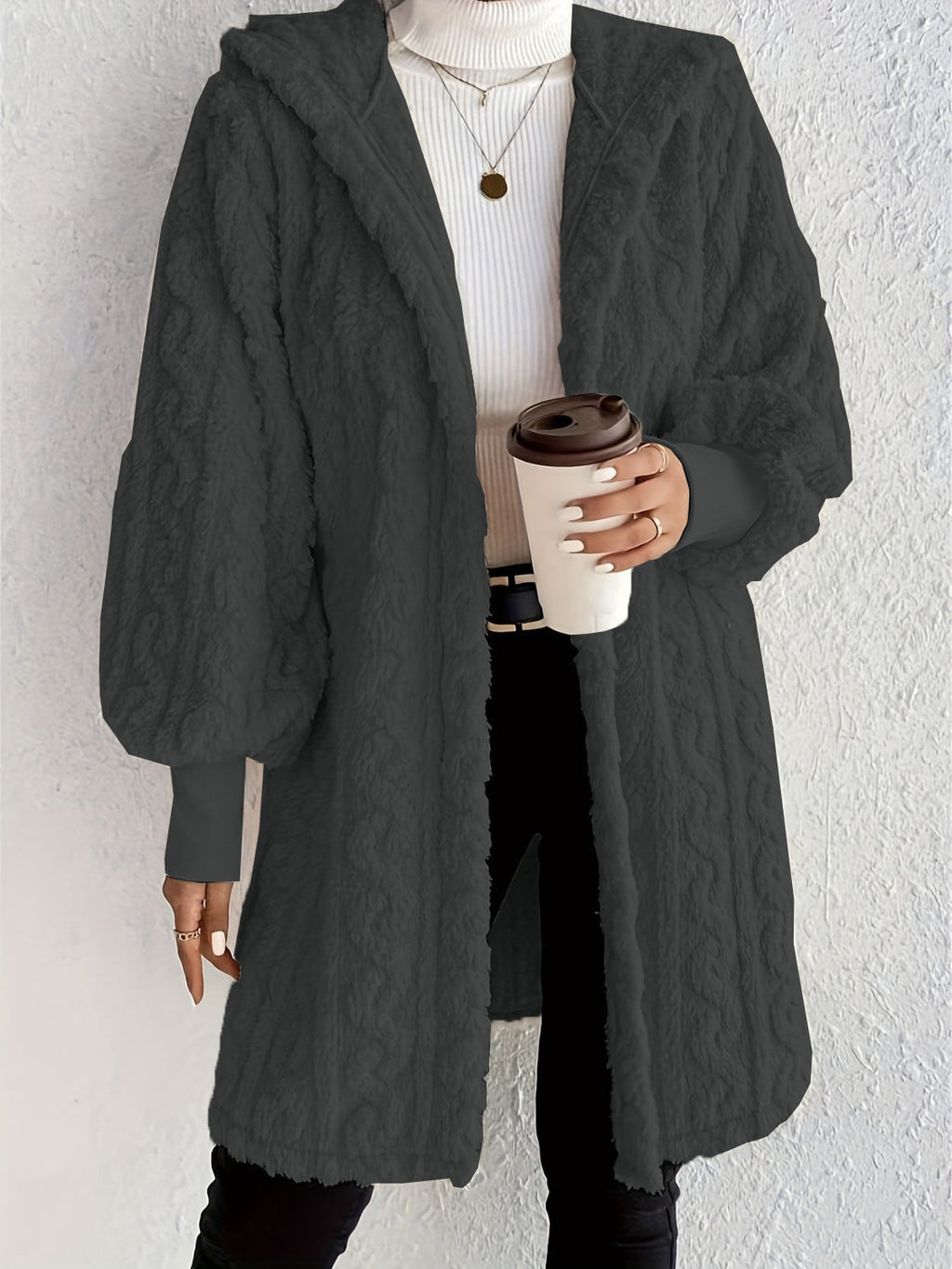 Women's Plush Fleece Soft Midi-Length Jacket with Pockets