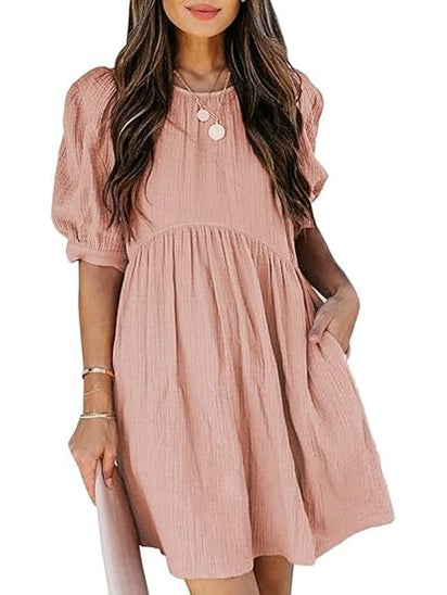Women's Round Neck Puff Sleeve Baby Doll Dress