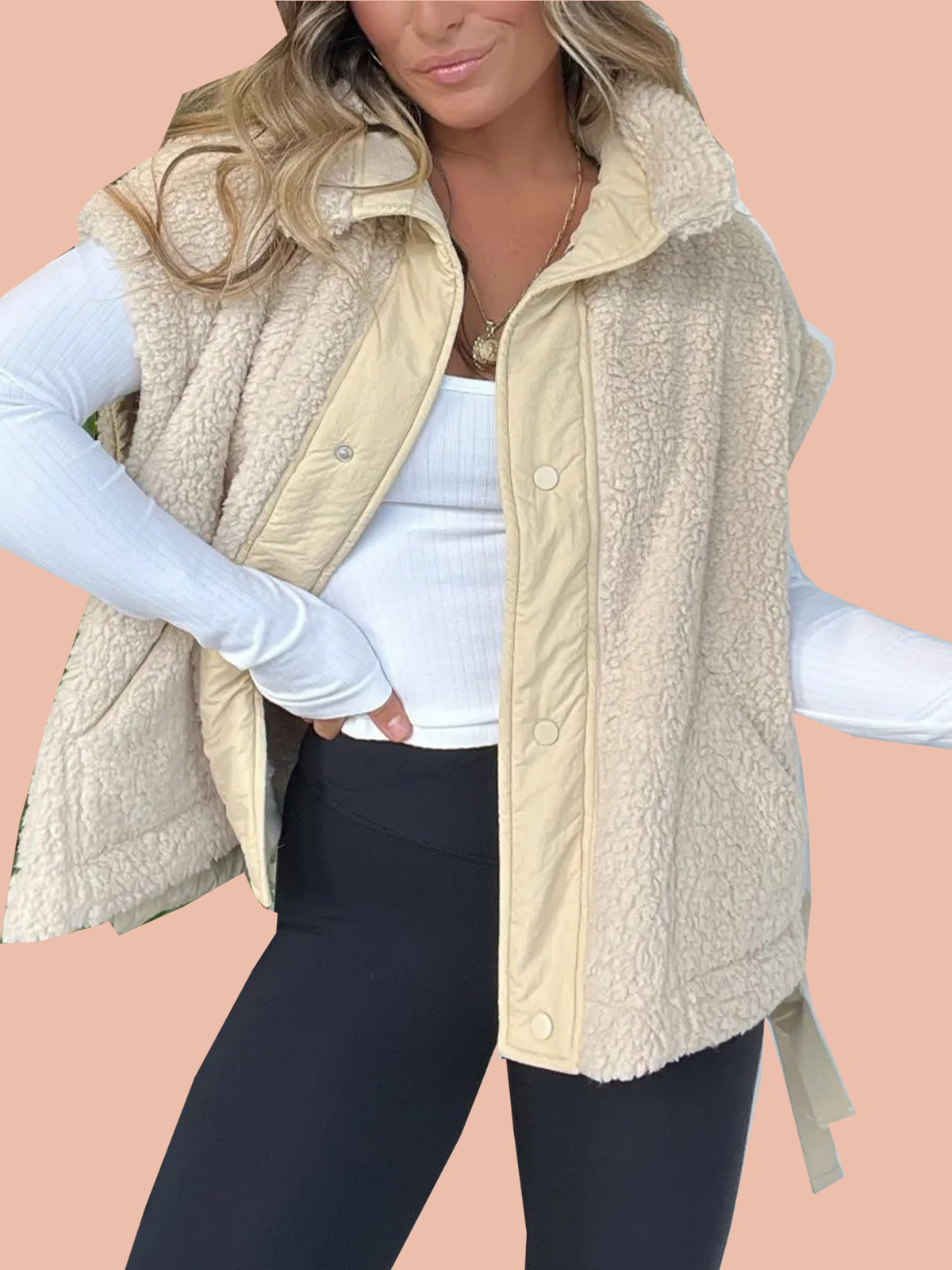 Women's Button Paneled Teddy Fleece Vest Jacket