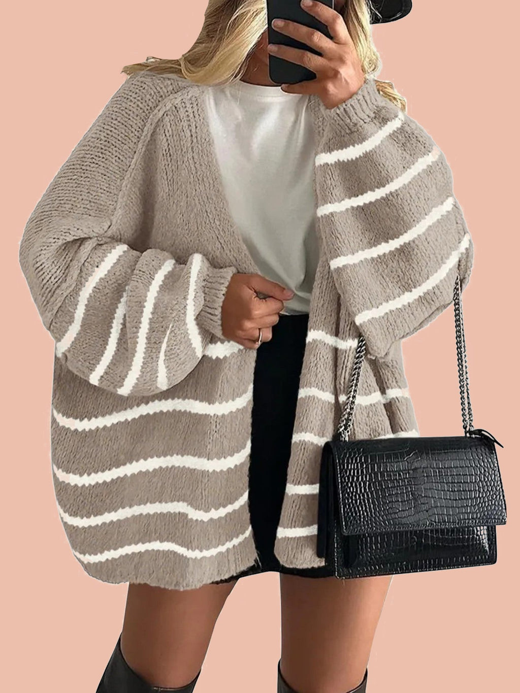 Women's Oversized Balloon Sleeve Striped Cardigan