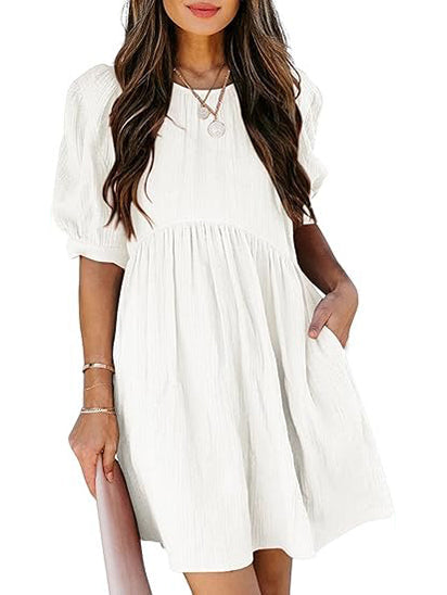 Women's Round Neck Puff Sleeve Baby Doll Dress
