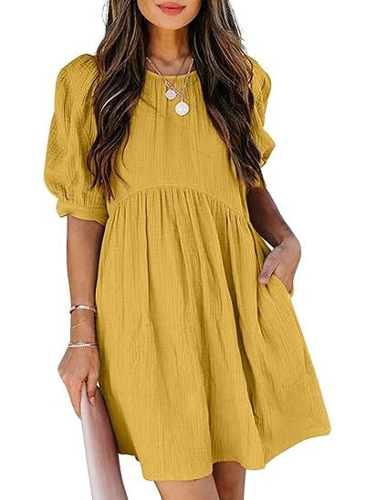 Women's Round Neck Puff Sleeve Baby Doll Dress