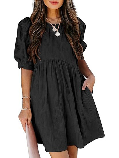 Women's Round Neck Puff Sleeve Baby Doll Dress