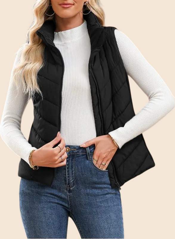 Women's Sleeveless Zip Up Stand Collar Quilted Puffer Vest
