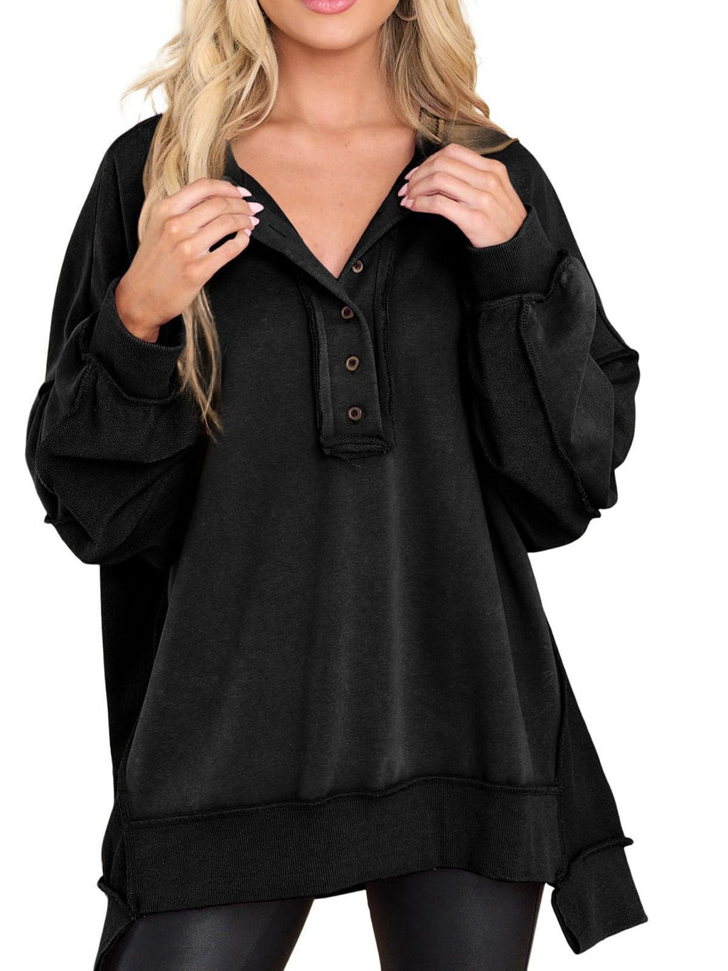 Women's Oversized Casual Buttoned Henley Sweatshirt
