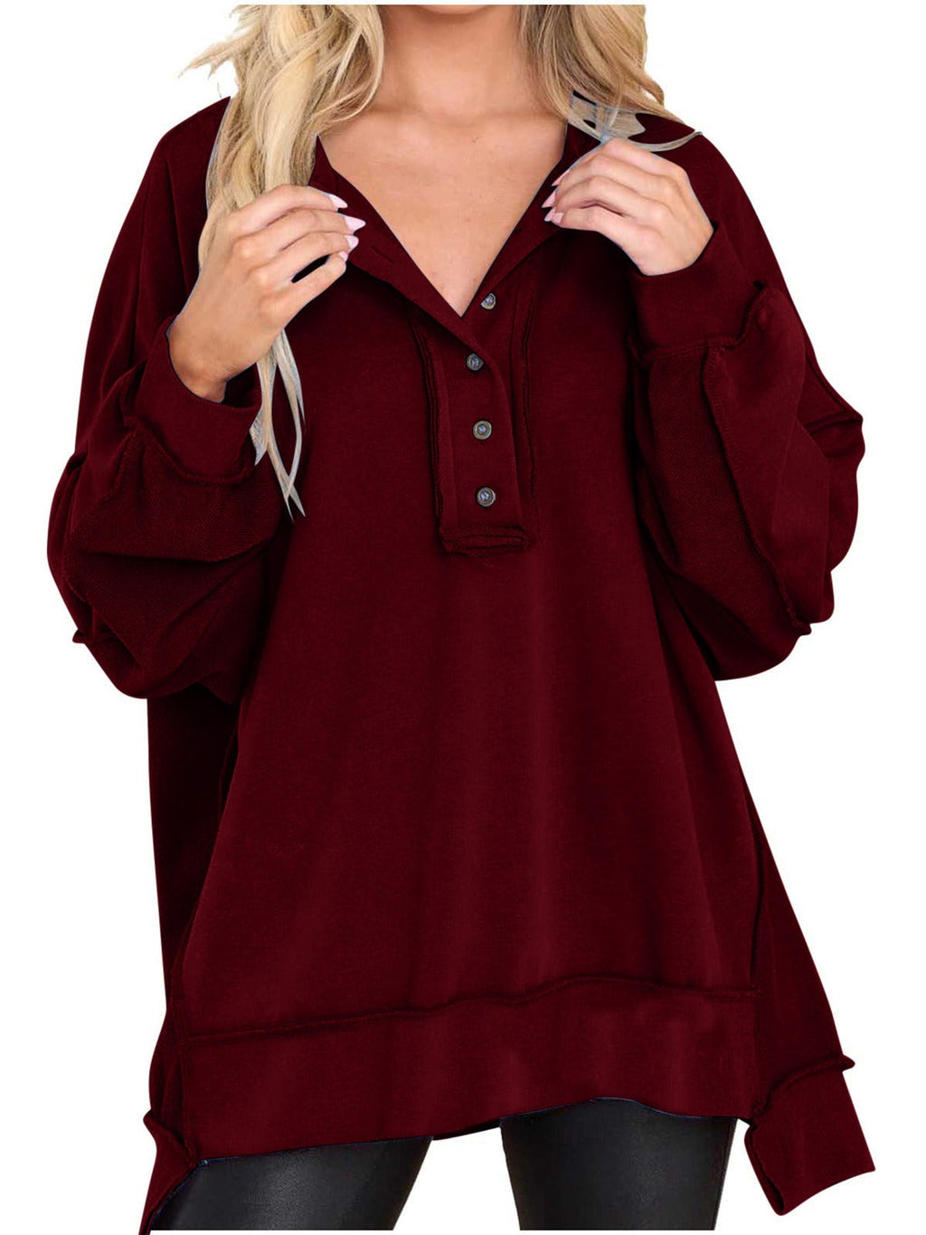 Women's Oversized Casual Buttoned Henley Sweatshirt