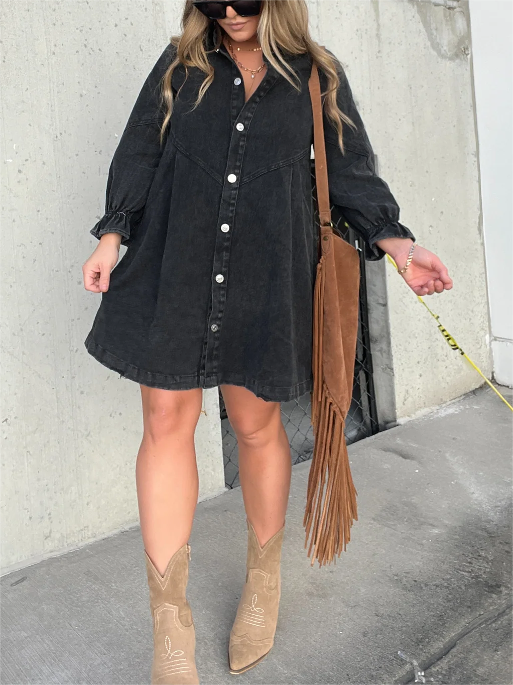 Button Denim Bubble Sleeve Dress