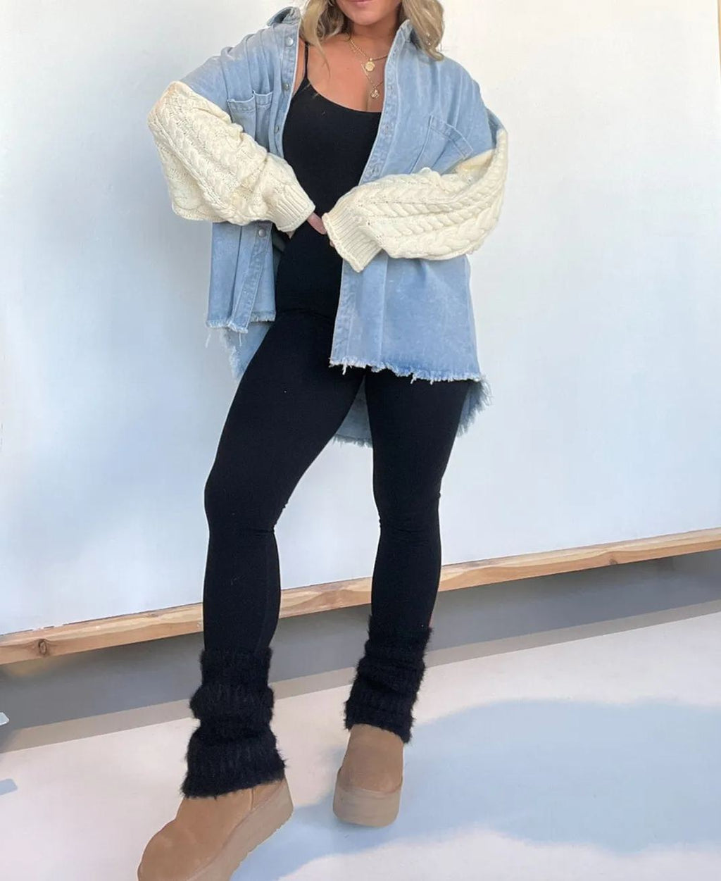 Cozy Sweater Sleeve Denim Shacket