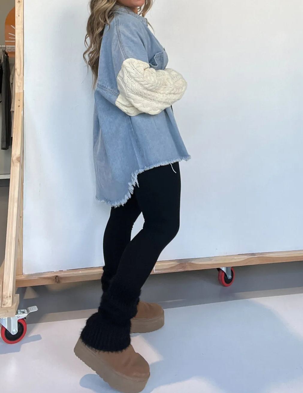 Cozy Sweater Sleeve Denim Shacket