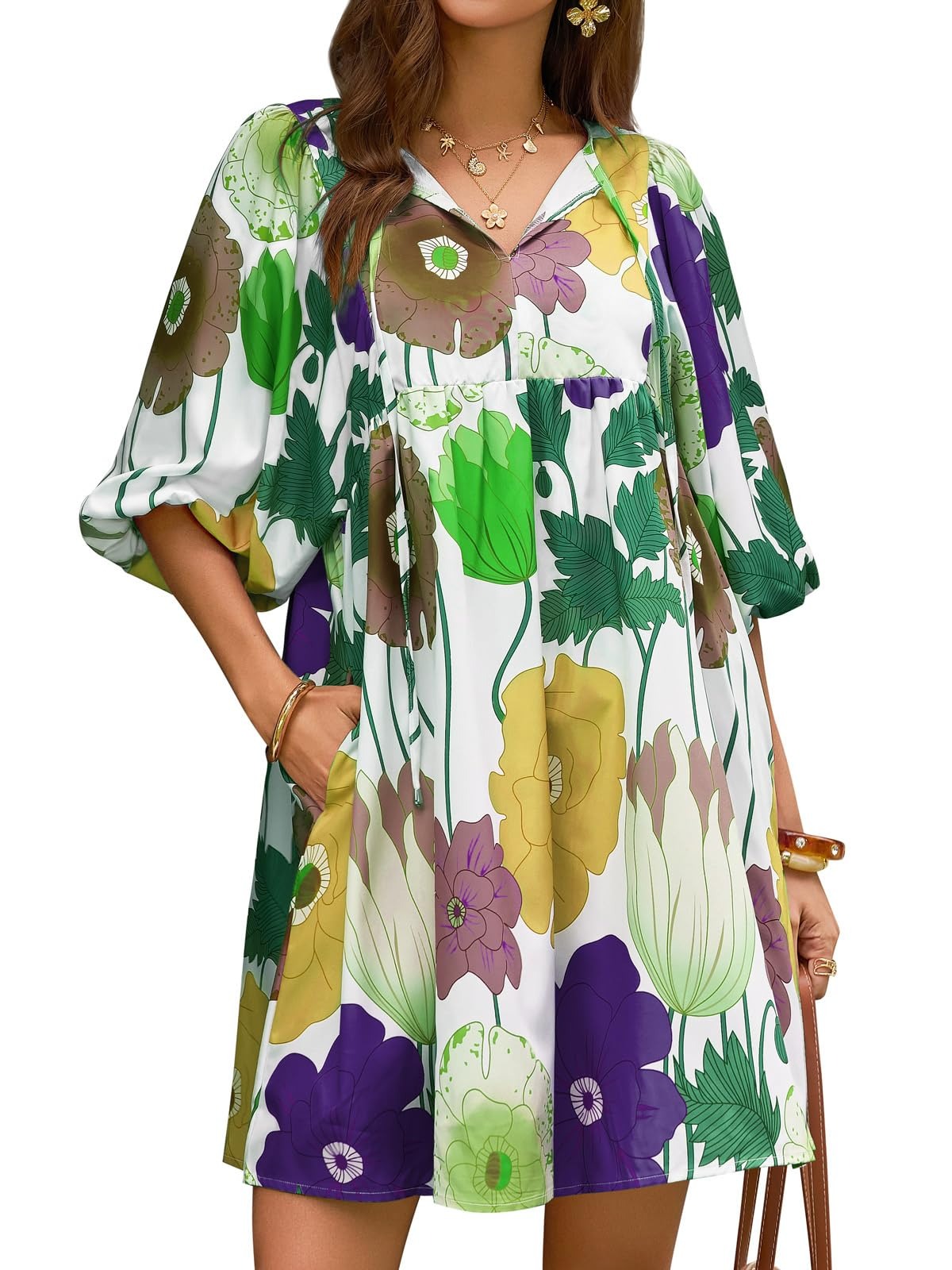 Women's Colorful Floral Half Sleeve Babydoll Dress