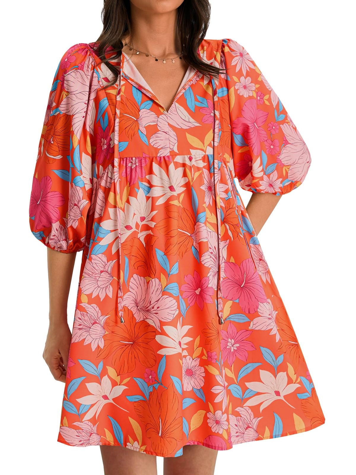 Women's Colorful Floral Half Sleeve Babydoll Dress