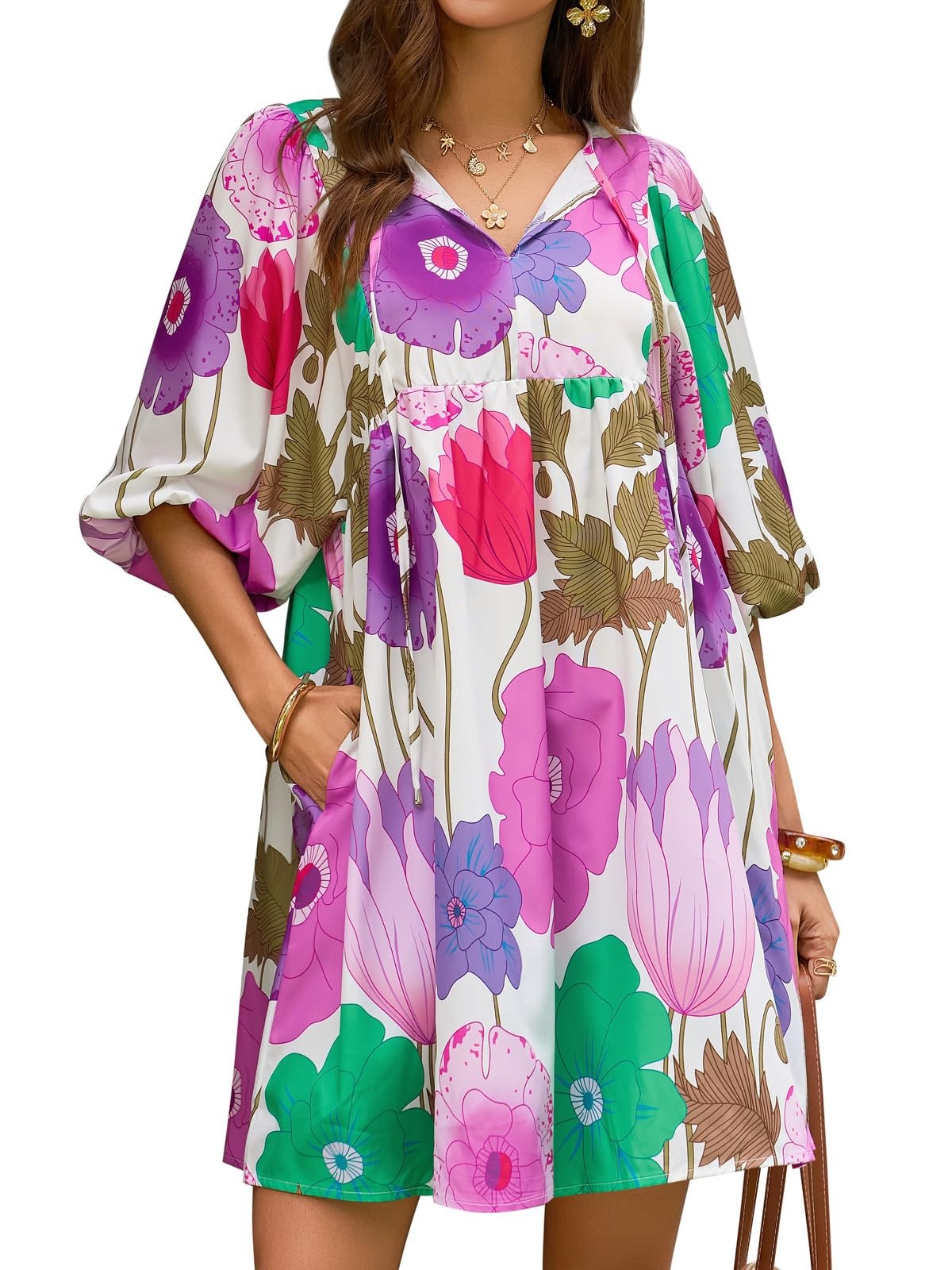 Women's Colorful Floral Half Sleeve Babydoll Dress