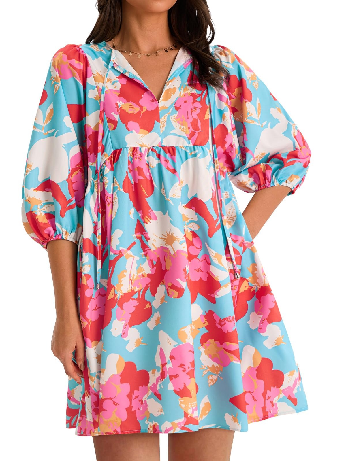 Women's Colorful Floral Half Sleeve Babydoll Dress