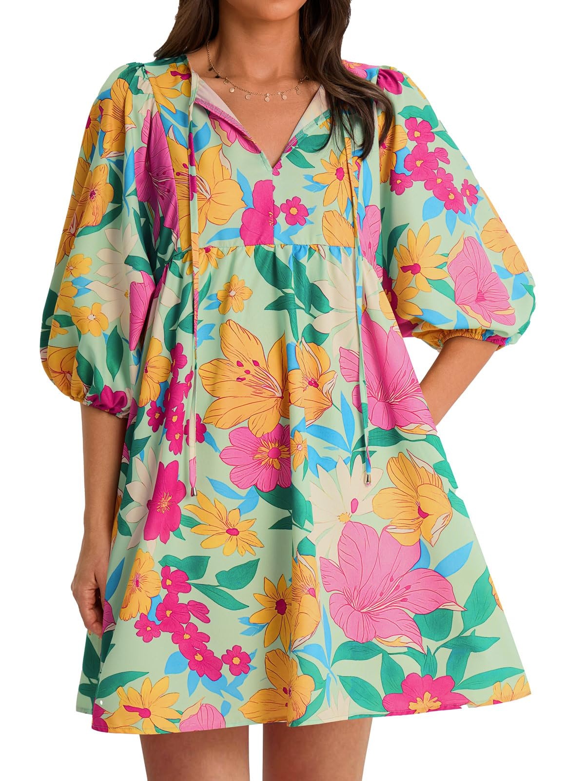 Women's Colorful Floral Half Sleeve Babydoll Dress