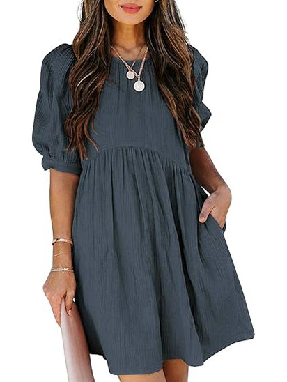 Women's Round Neck Puff Sleeve Baby Doll Dress