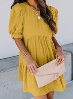 Women's Round Neck Puff Sleeve Baby Doll Dress