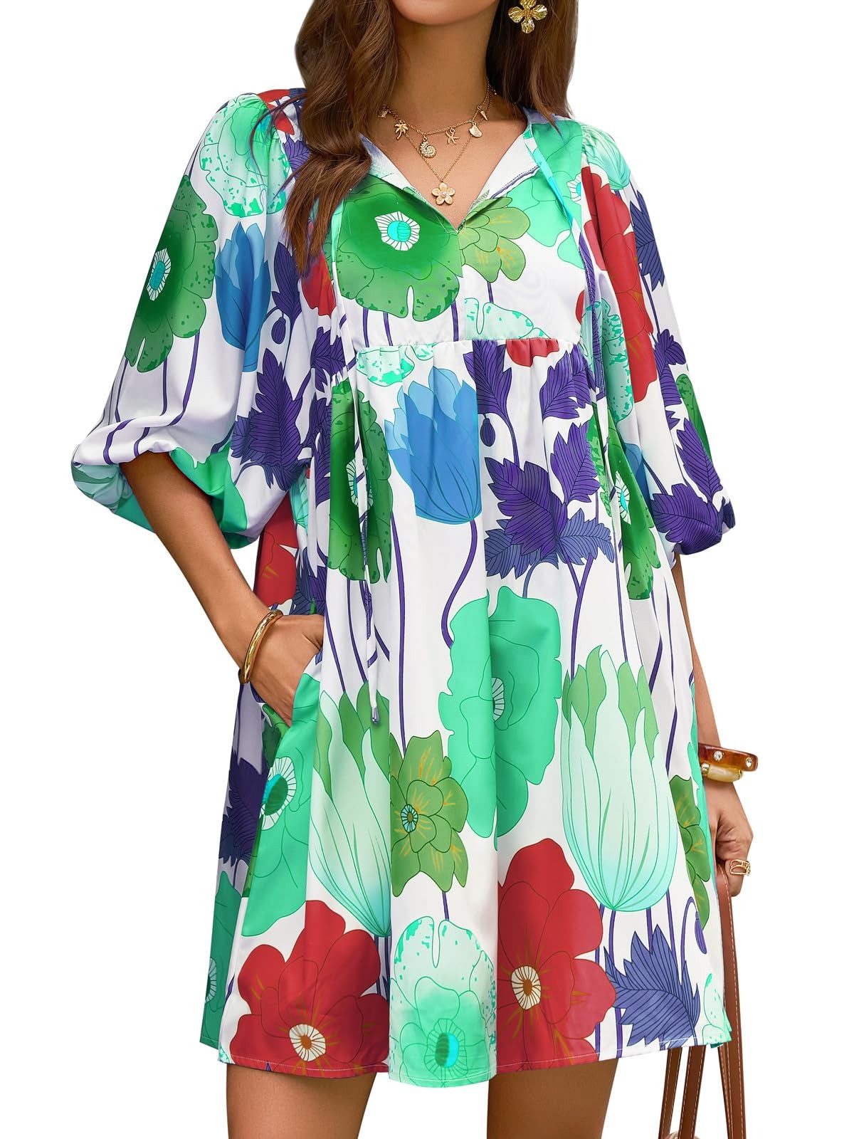 Women's Colorful Floral Half Sleeve Babydoll Dress