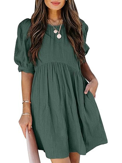 Women's Round Neck Puff Sleeve Baby Doll Dress