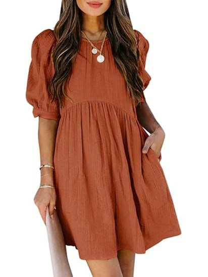 Women's Round Neck Puff Sleeve Baby Doll Dress